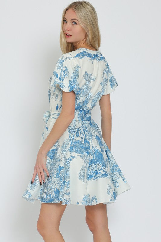 Janet Short Sleeve Belted Button Down Leaf Print Mini Dress Blue