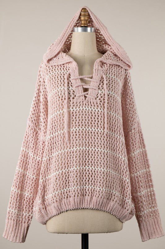 Bailey Long Sleeve Open Cable Knit Hoodie Sweater Pink