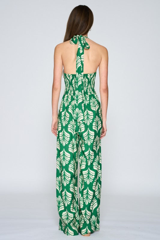 Farida Sleeveless Halter Leaf Print Wide Leg Jumpsuit Green