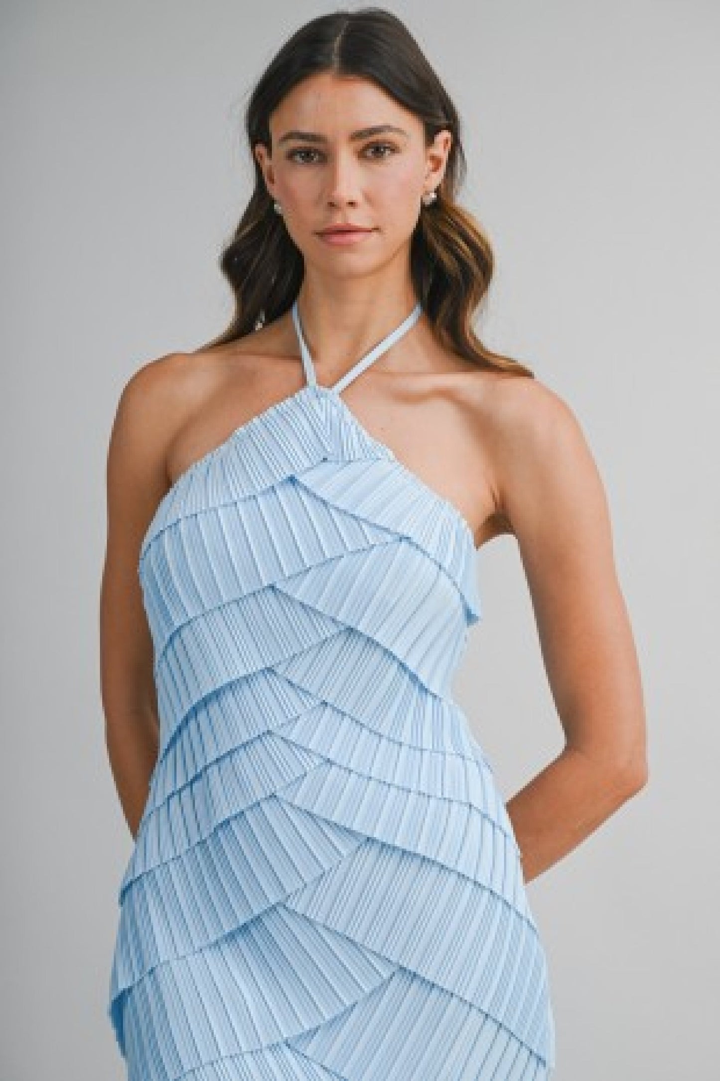 Kerry Sleeveless Halter Layered Diagonal Ruffle Overlay Midi Dress Blue
