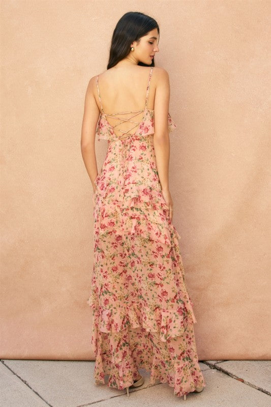 Cypress Sleeveless Asymmetrical Open Back Floral Print Maxi Dress Pink