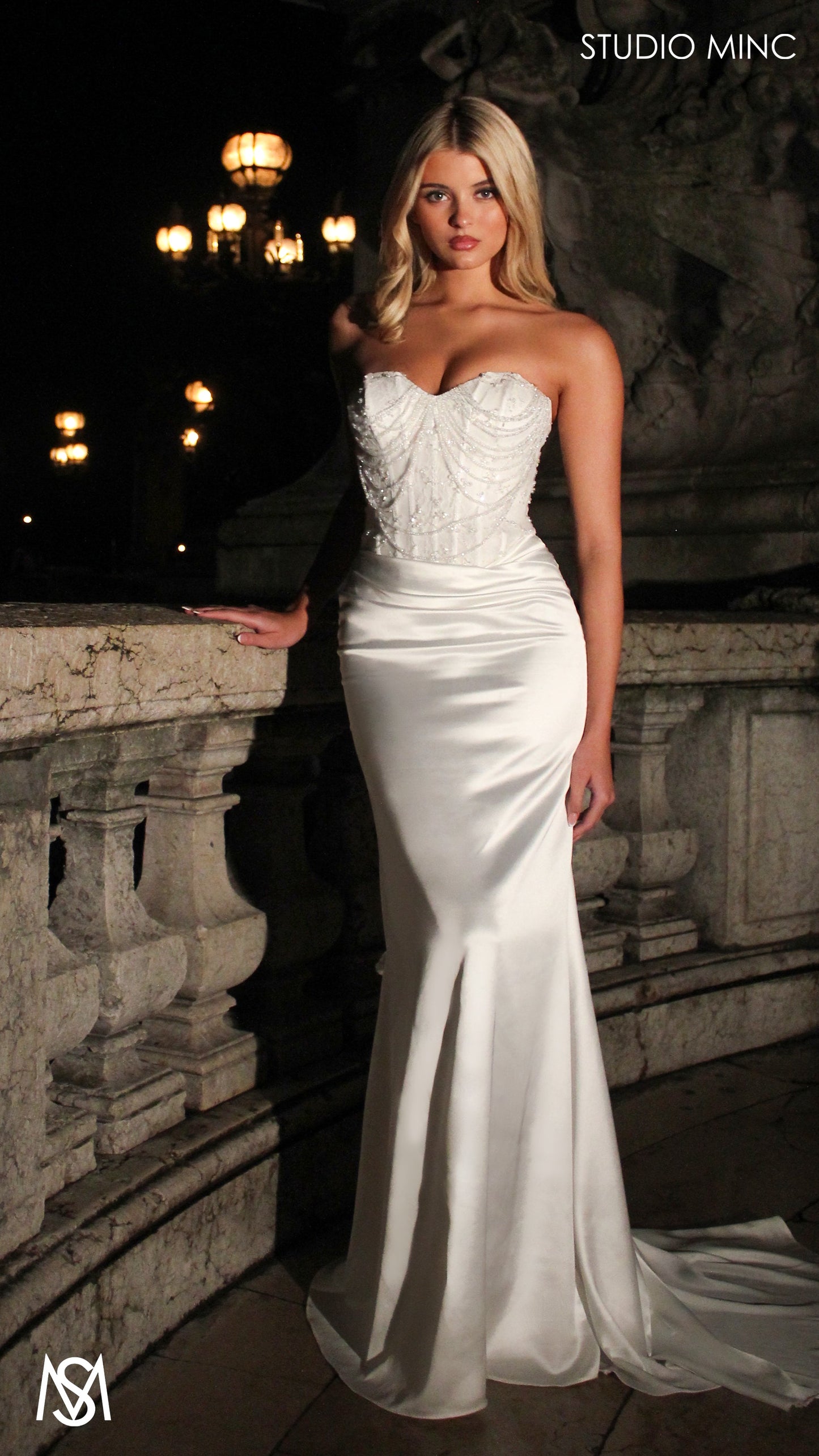 Lumiere - White Wedding Dress | Beaded Corset Satin Fitted Draped Mermaid Skirt