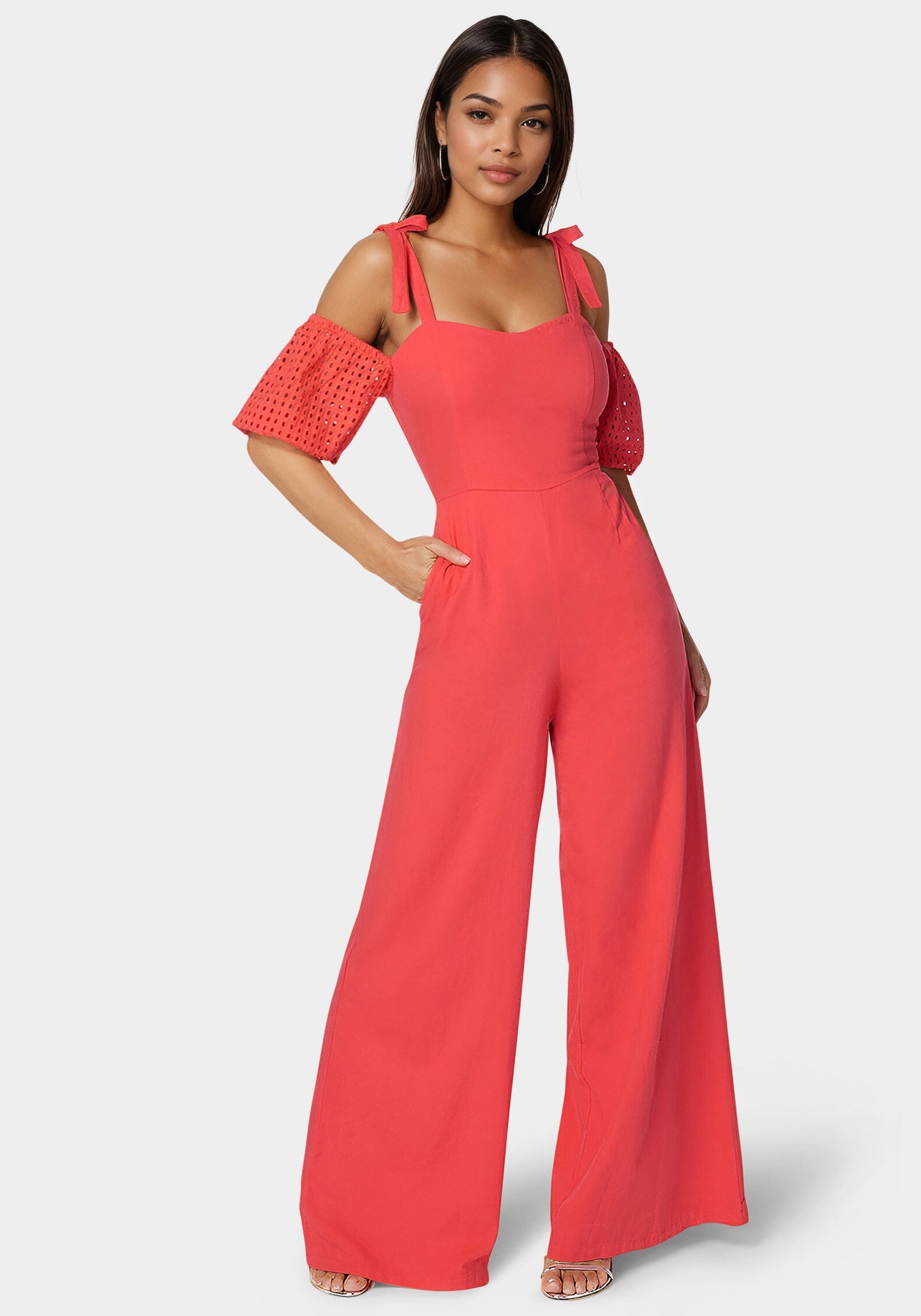 Embroidered Cotton Puff Sleeve Full Wide Leg Jumpsuit