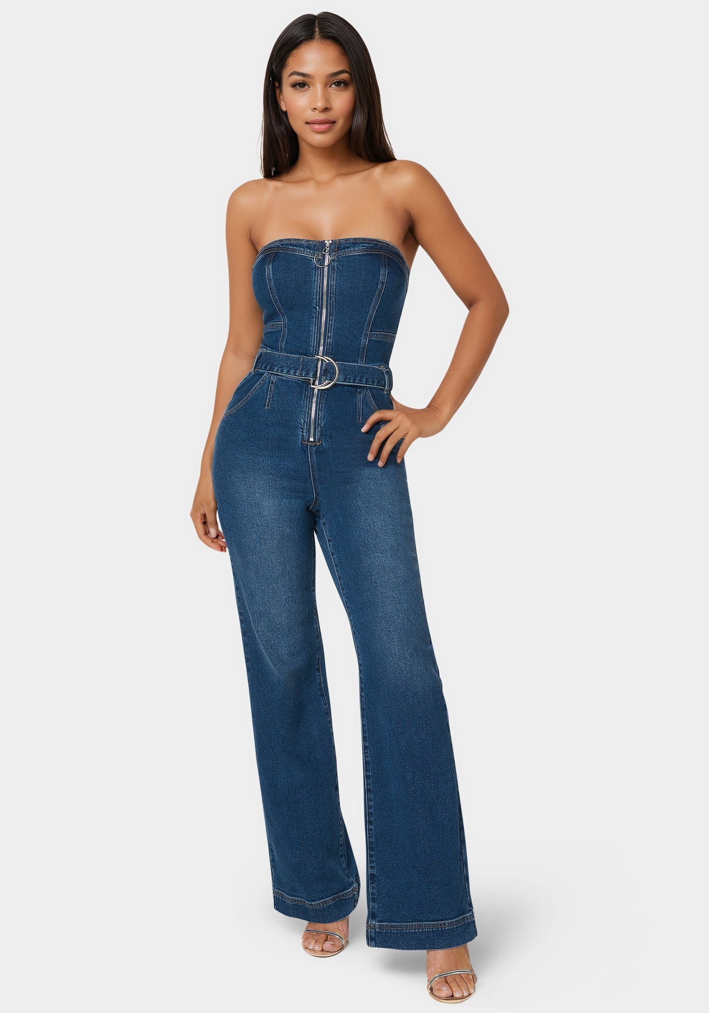 Front Zipper Wide Leg Denim Jumpsuit