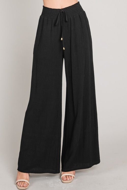 Becky Drawstring Linen Wide Leg Pants Black