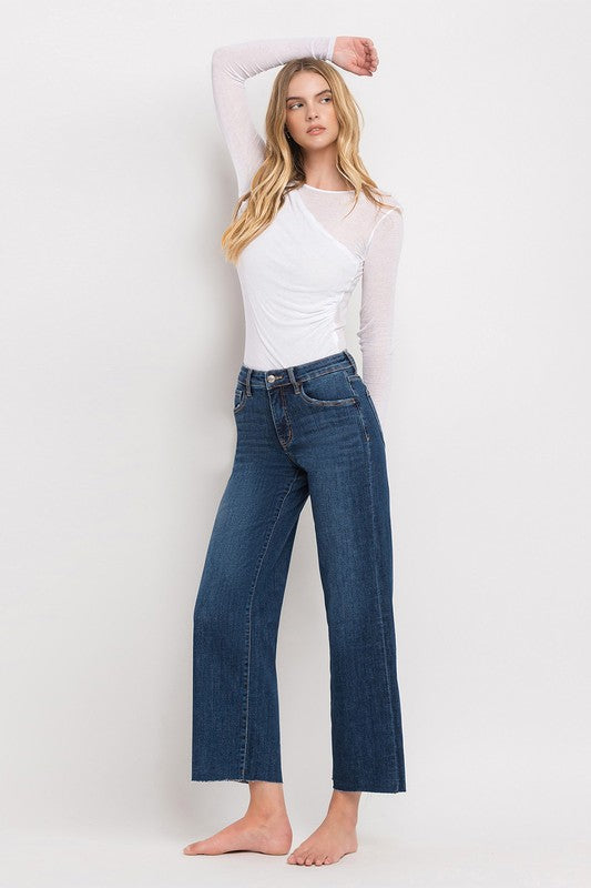 Nellie High Rise Raw Hem Wide Leg Cropped Jeans Dark Wash