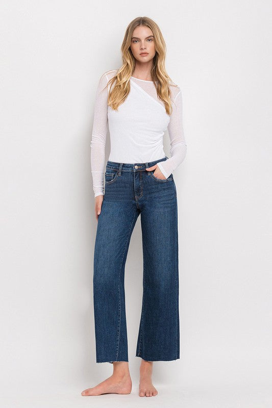 Nellie High Rise Raw Hem Wide Leg Cropped Jeans Dark Wash