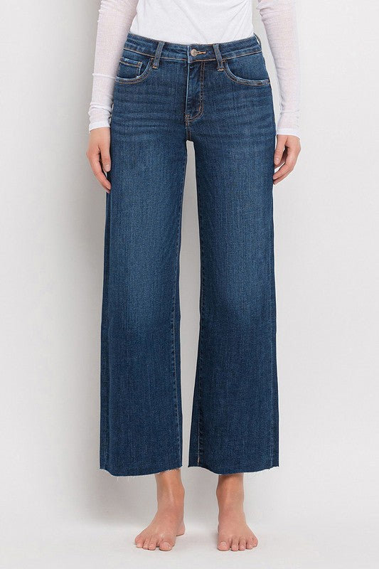 Nellie High Rise Raw Hem Wide Leg Cropped Jeans Dark Wash