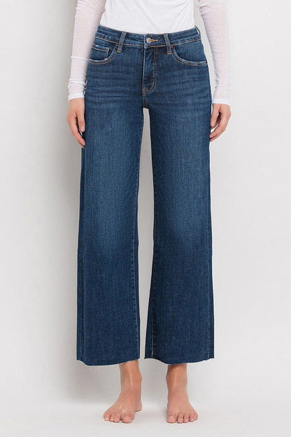Nellie High Rise Raw Hem Wide Leg Cropped Jeans Dark Wash