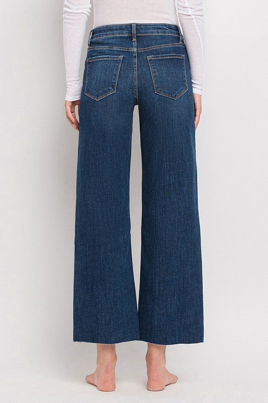 Nellie High Rise Raw Hem Wide Leg Cropped Jeans Dark Wash
