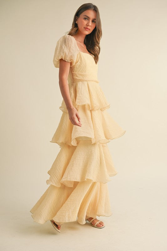 Eden Short Puff Sleeve Tiered Maxi Dress Yellow