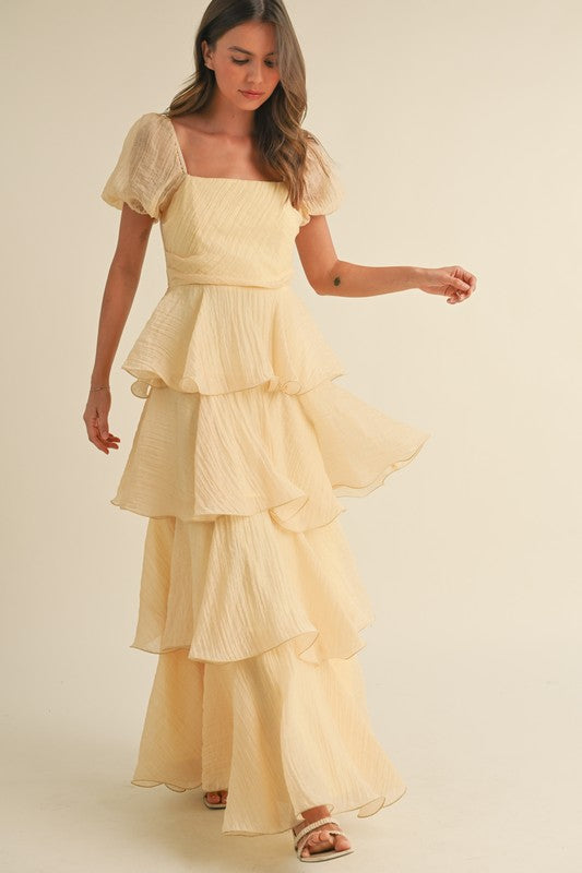 Eden Short Puff Sleeve Tiered Maxi Dress Yellow