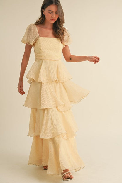 Eden Short Puff Sleeve Tiered Maxi Dress Yellow