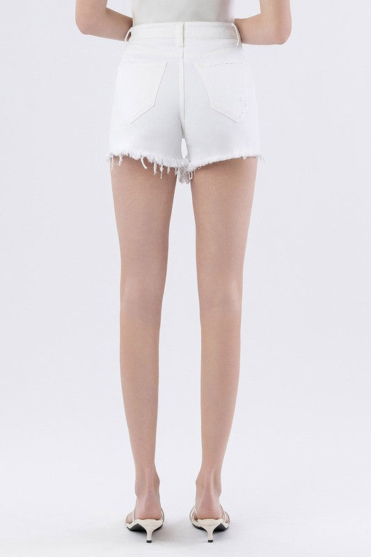 Avra High Rise Frayed Hem Denim Shorts White