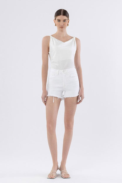 Avra High Rise Frayed Hem Denim Shorts White