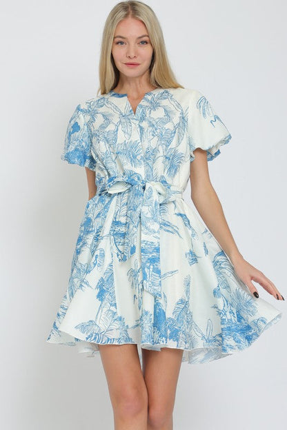Janet Short Sleeve Belted Button Down Leaf Print Mini Dress Blue
