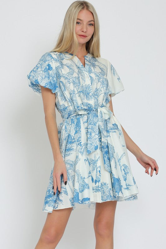 Janet Short Sleeve Belted Button Down Leaf Print Mini Dress Blue