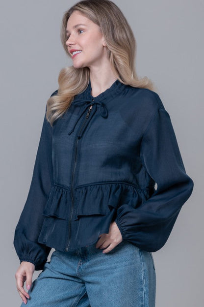 Stellan Long Sleeve Ruffle Tiered Jacket Navy