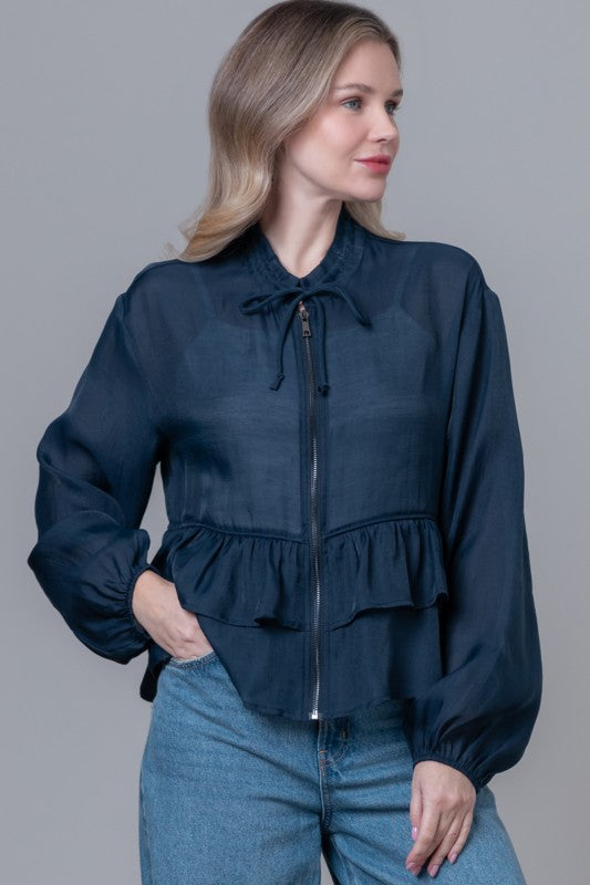 Stellan Long Sleeve Ruffle Tiered Jacket Navy
