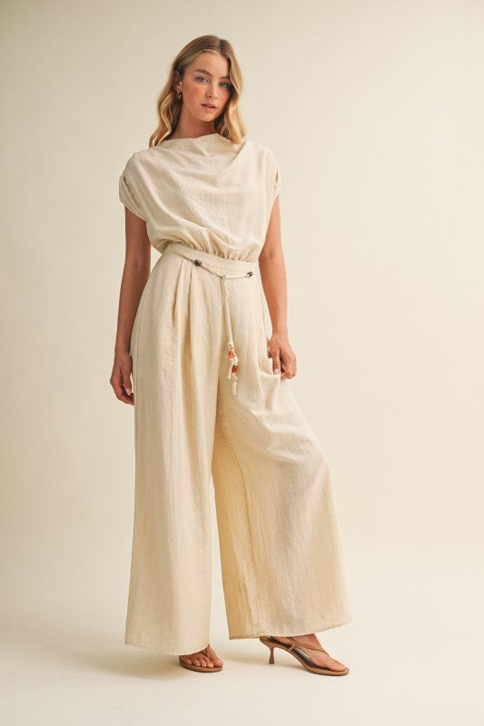 Darya Short Cap Sleeve Waist Tie Wide Leg Woven Jumpsuit Natural