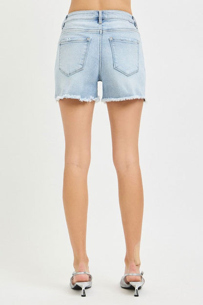 Lioran High Rise Frayed Hem Distressed Denim Shorts Light Wash