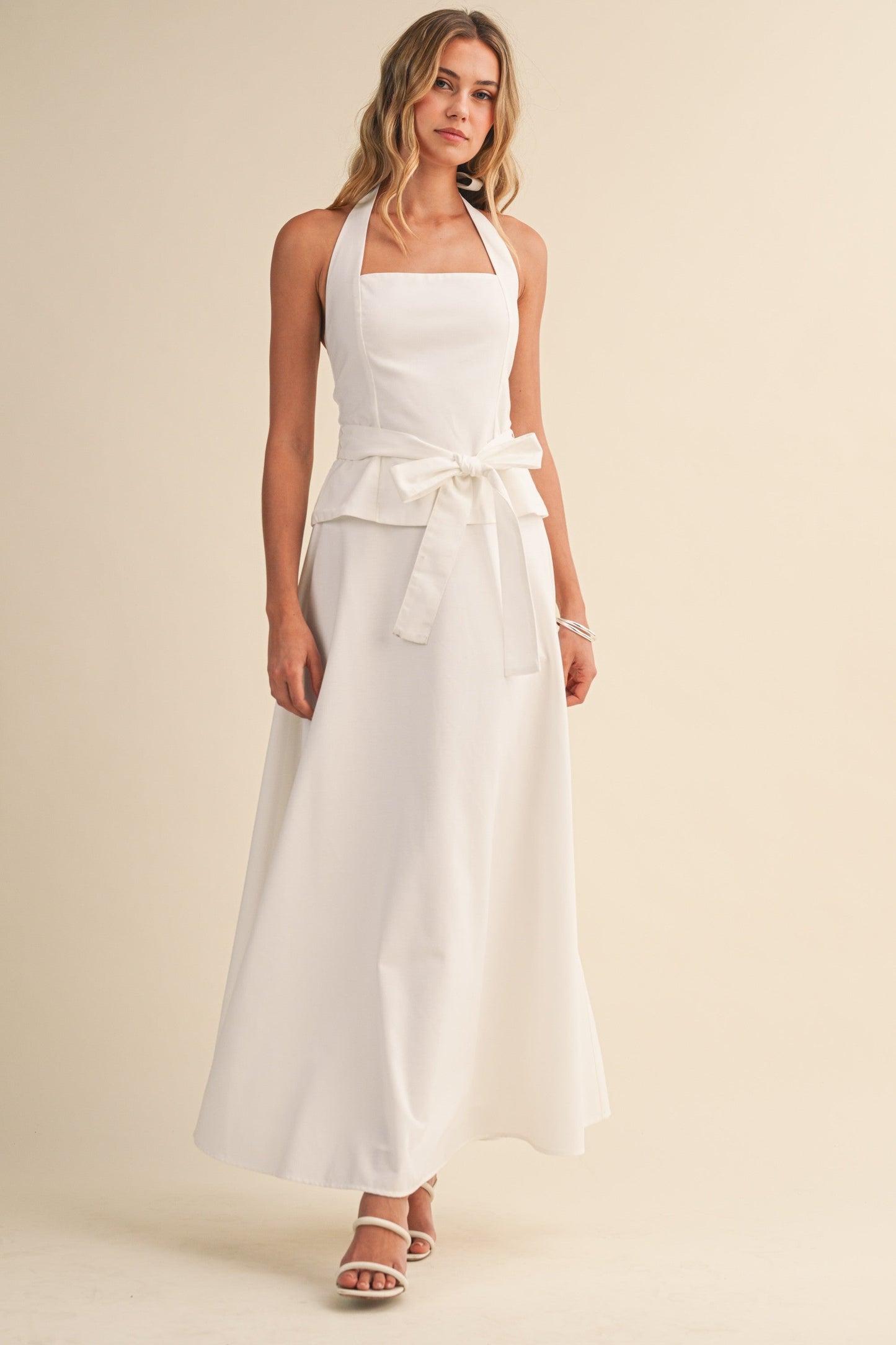 Piper Sleeveless Halter Waist Tie Top And High Waist Maxi Skirt Set White