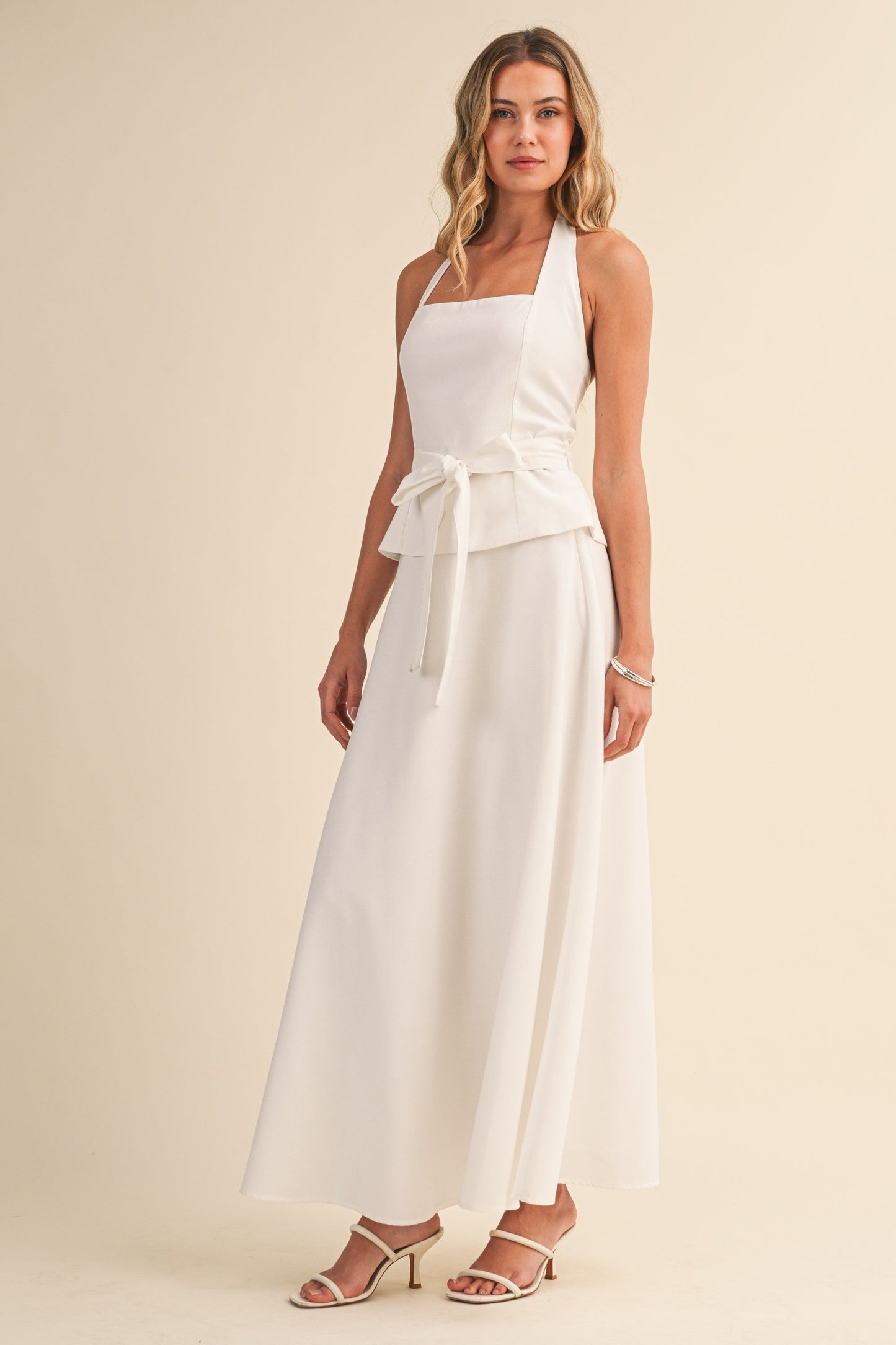 Piper Sleeveless Halter Waist Tie Top And High Waist Maxi Skirt Set White