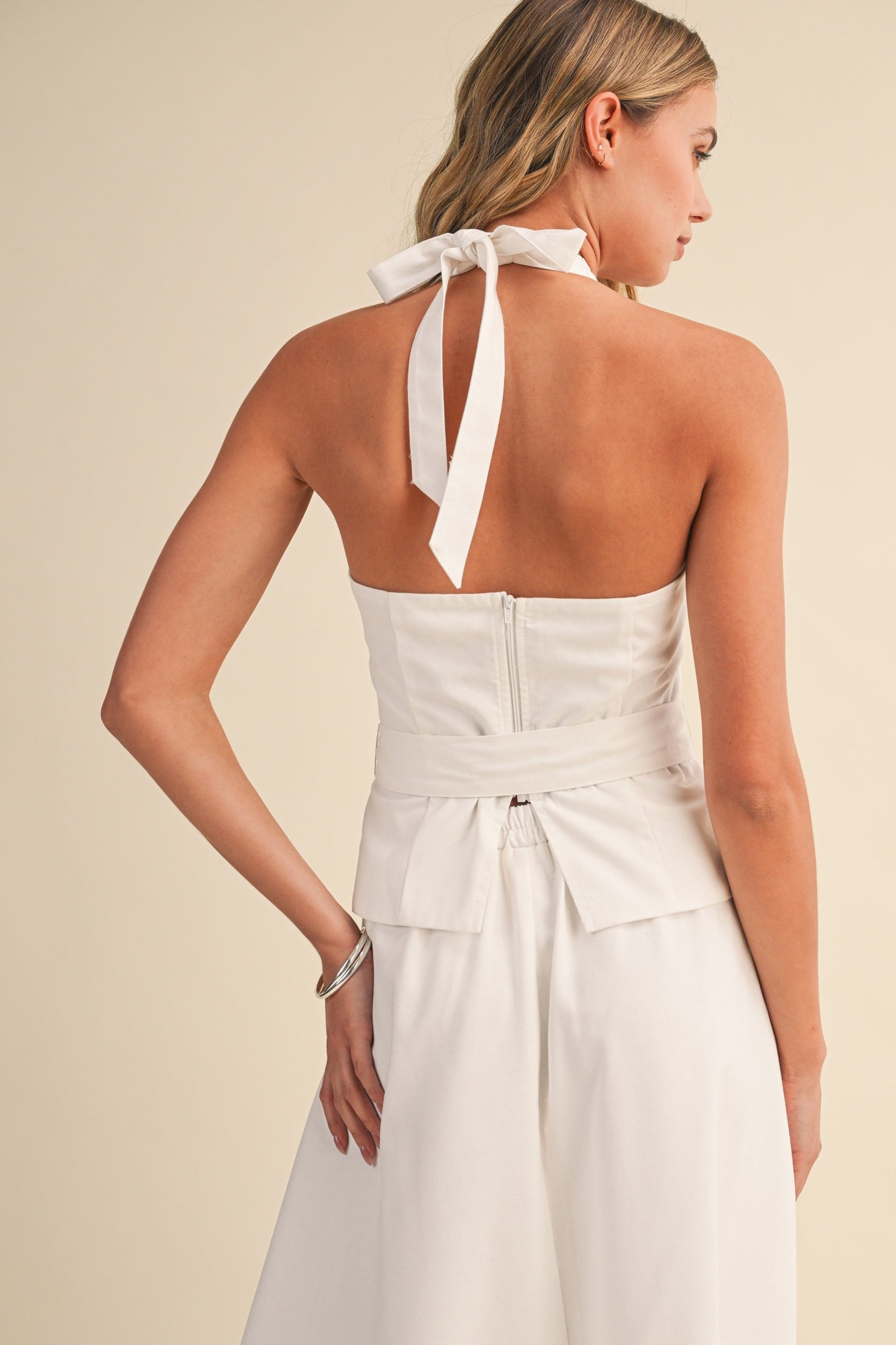 Piper Sleeveless Halter Waist Tie Top And High Waist Maxi Skirt Set White