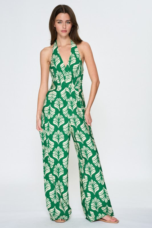 Farida Sleeveless Halter Leaf Print Wide Leg Jumpsuit Green