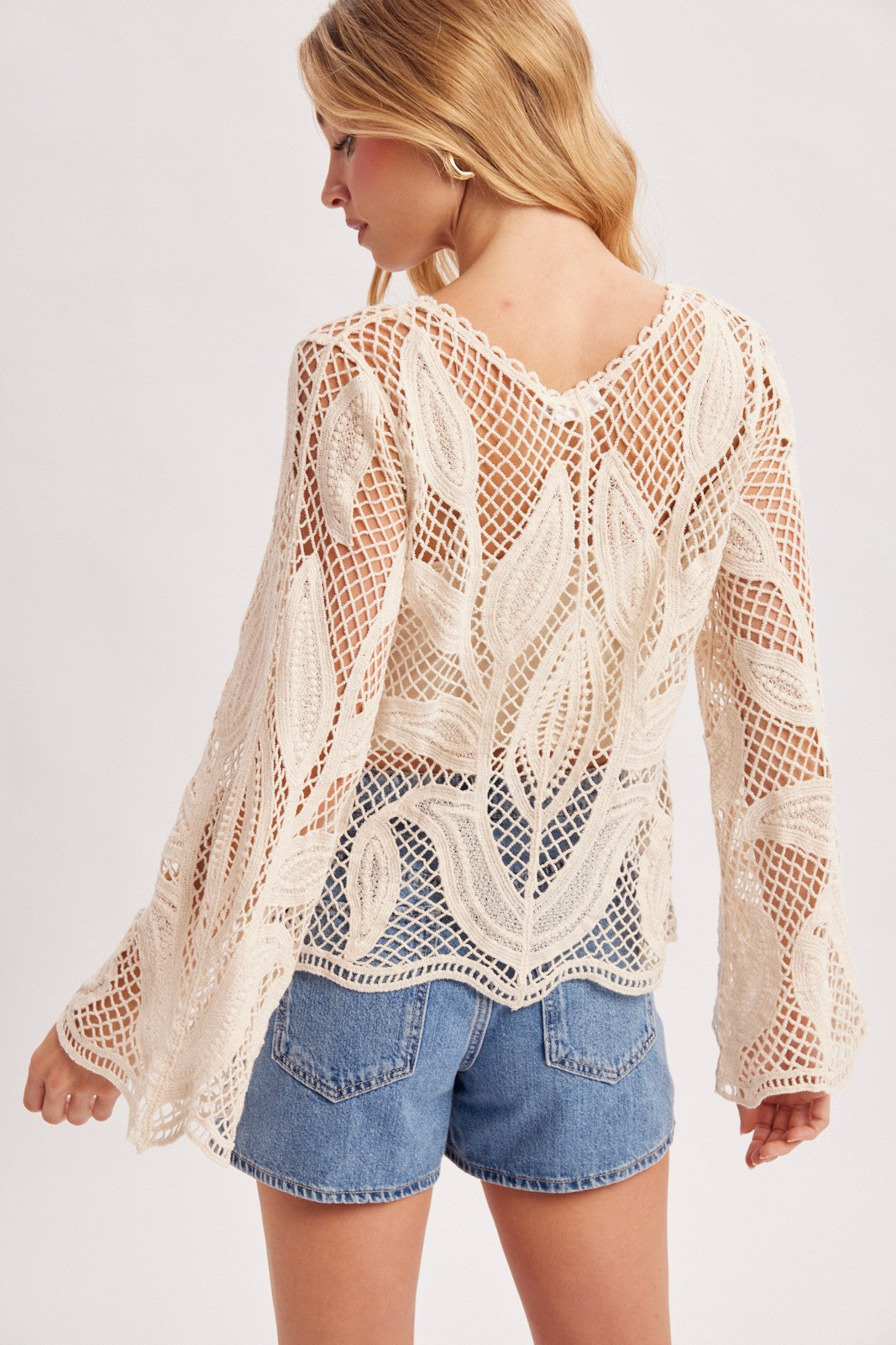 Felicity Long Sleeve Crochet Knit Top Natural