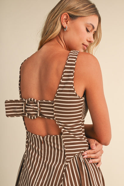 Waitlist 7/8 • Britton Sleeveless Large Back Buckle Stripe Print Midi Dress Brown