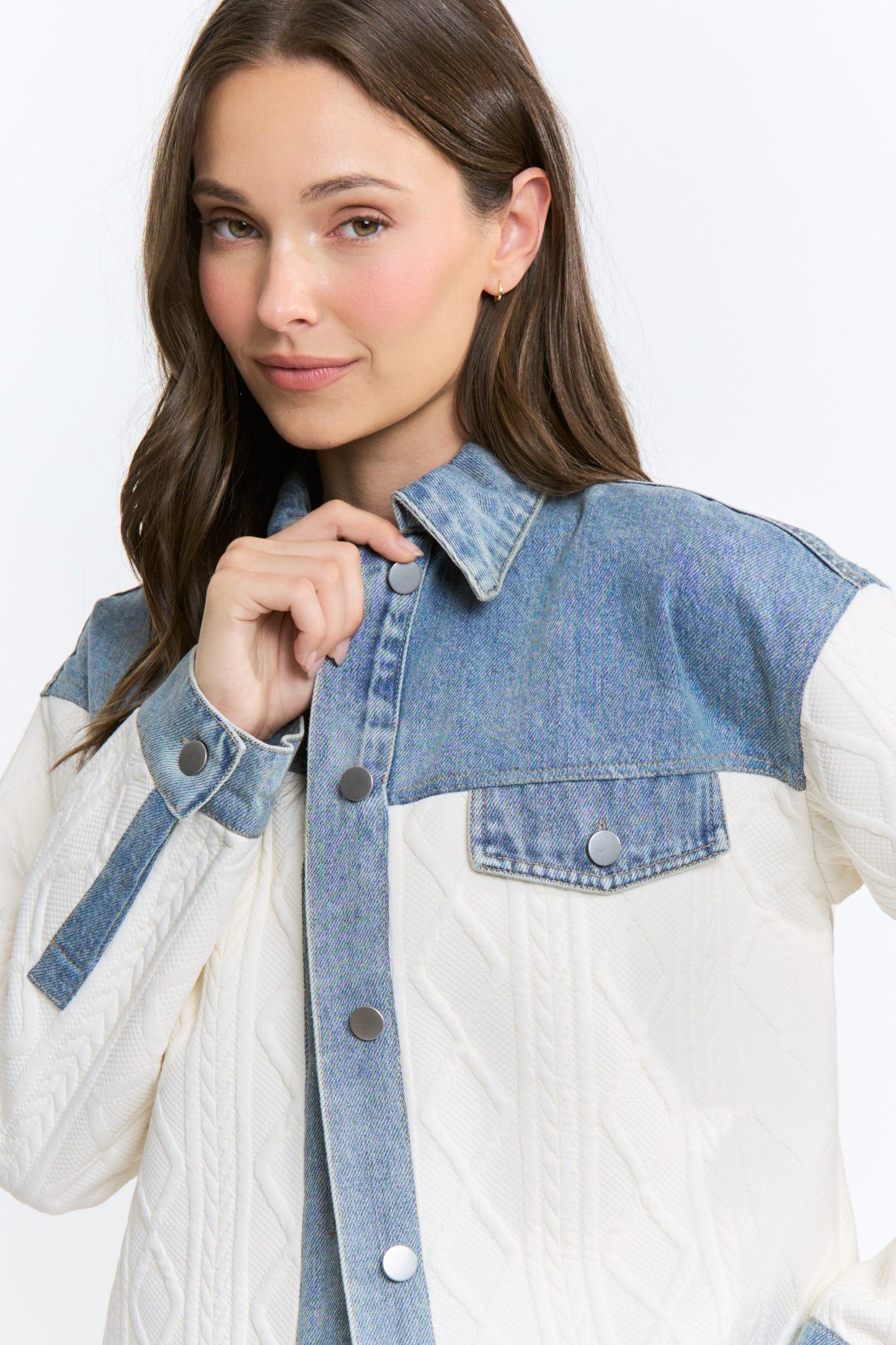 Waitlist 8/25 • Vespera Long Sleeve Cable Knit Denim Trim One Size Shacket Cream Ivory