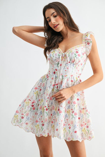 Aviva Flutter Sleeve Floral Print Mini Dress White