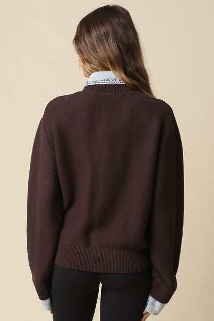Waitlist 8/20 • Blaire Long Sleeve Button Down Contrast Denim Knit Cardigan Brown
