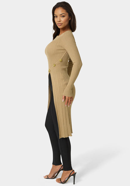 Long Body Side Slit Lurex Sweater Top