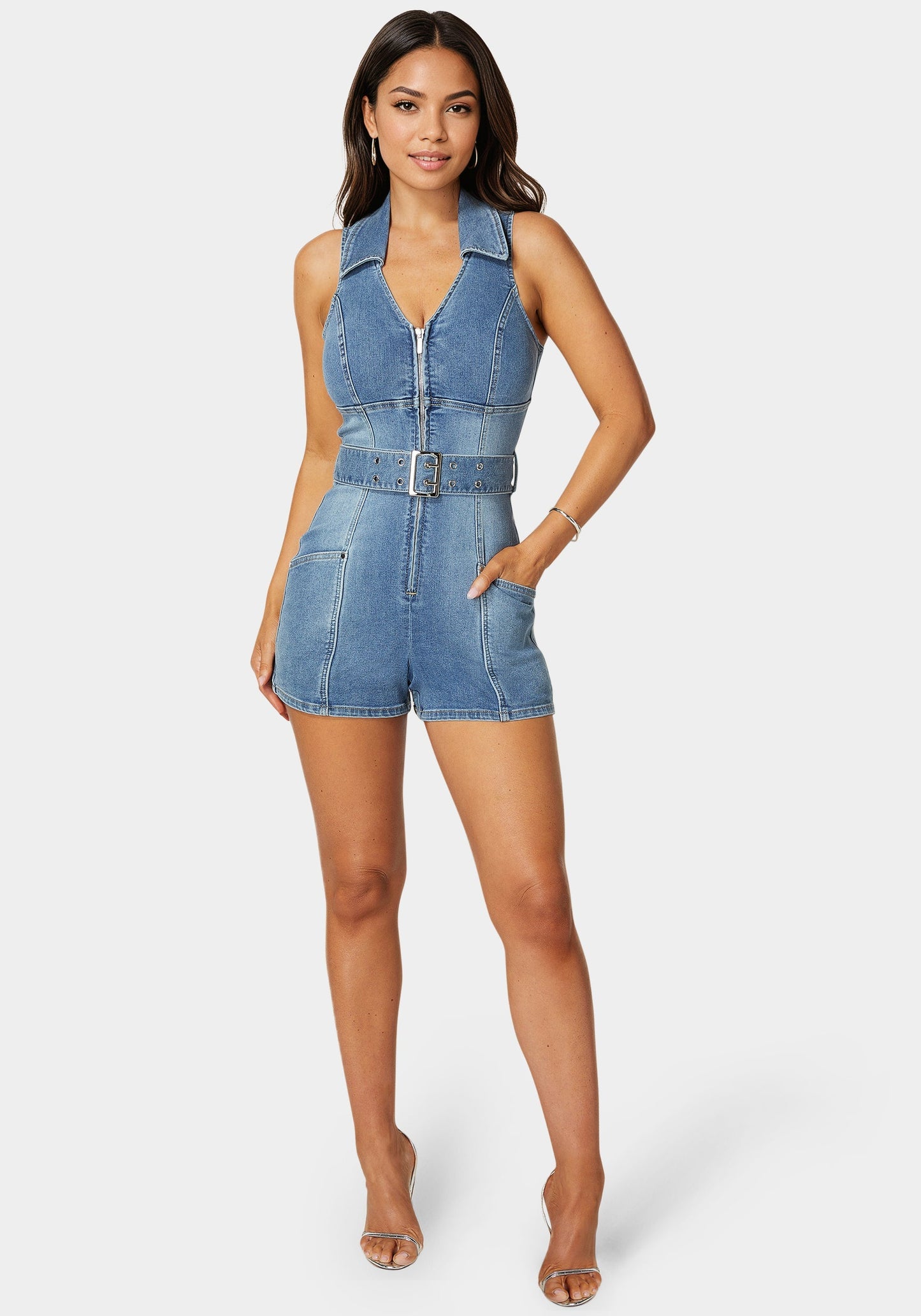 Light Weight Front Zipper Denim Romper