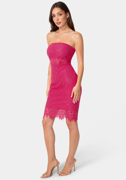 Lace Illusion Strapless Midi Dress