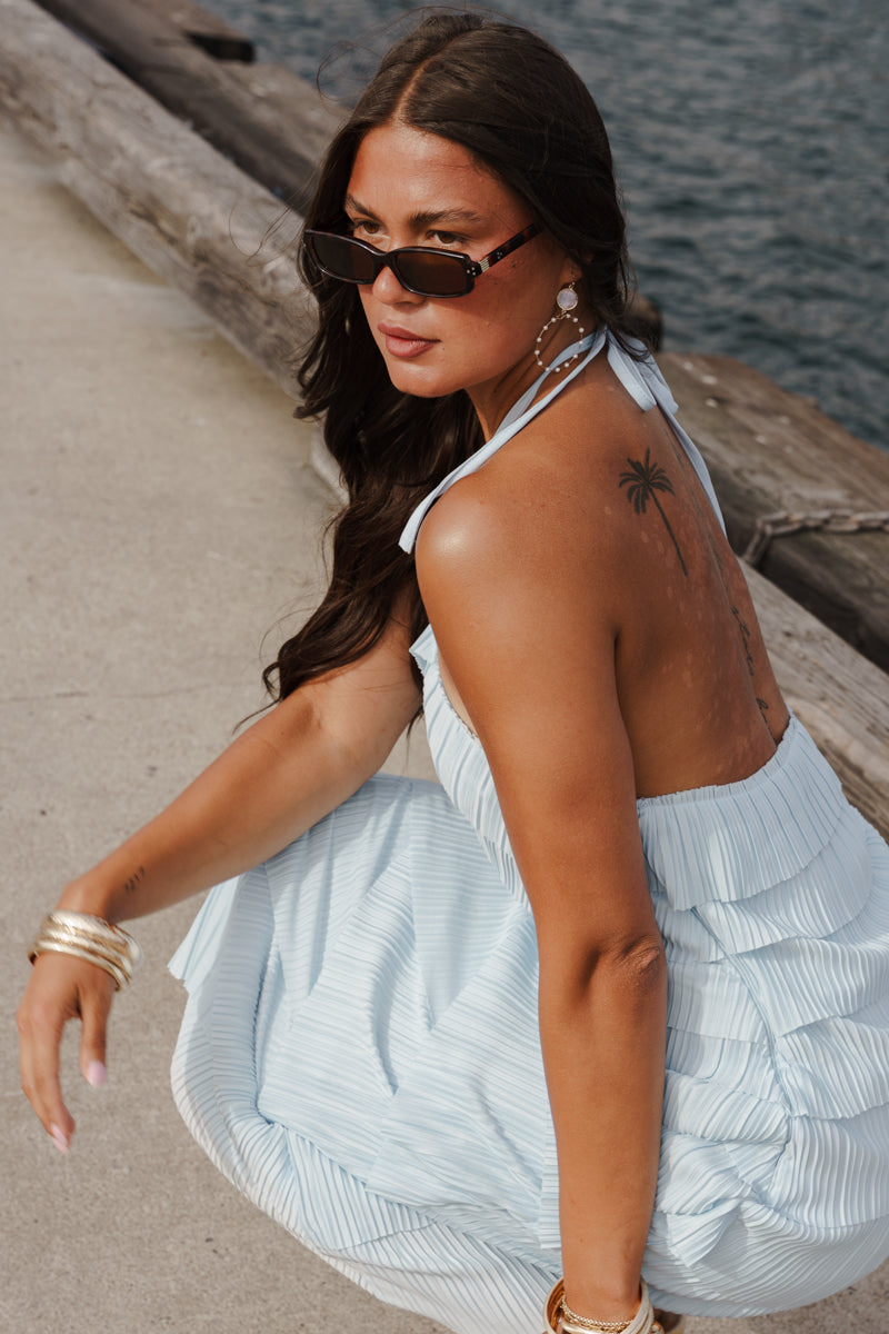Kerry Sleeveless Halter Layered Diagonal Ruffle Overlay Midi Dress Blue