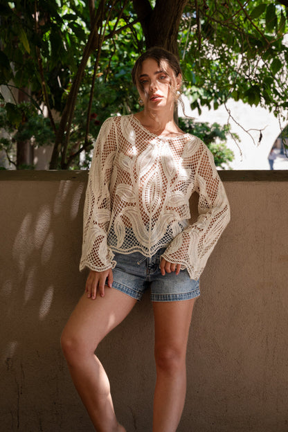 Felicity Long Sleeve Crochet Knit Top Natural