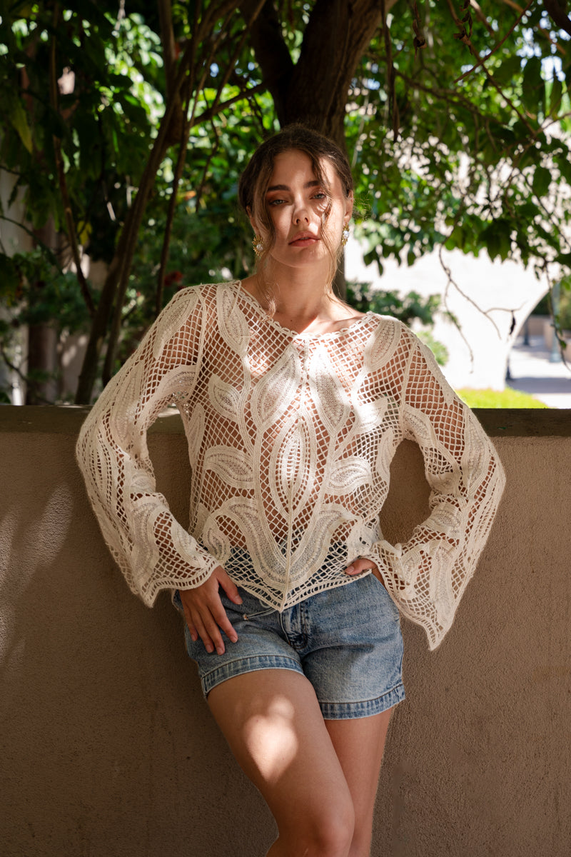 Felicity Long Sleeve Crochet Knit Top Natural