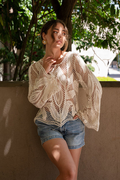 Felicity Long Sleeve Crochet Knit Top Natural
