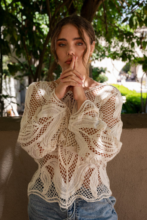 Felicity Long Sleeve Crochet Knit Top Natural