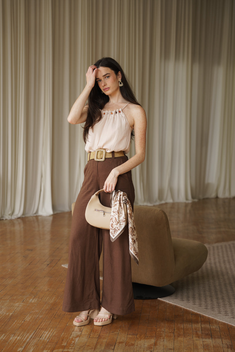 Josephine Sleeveless Pleated Top Beige