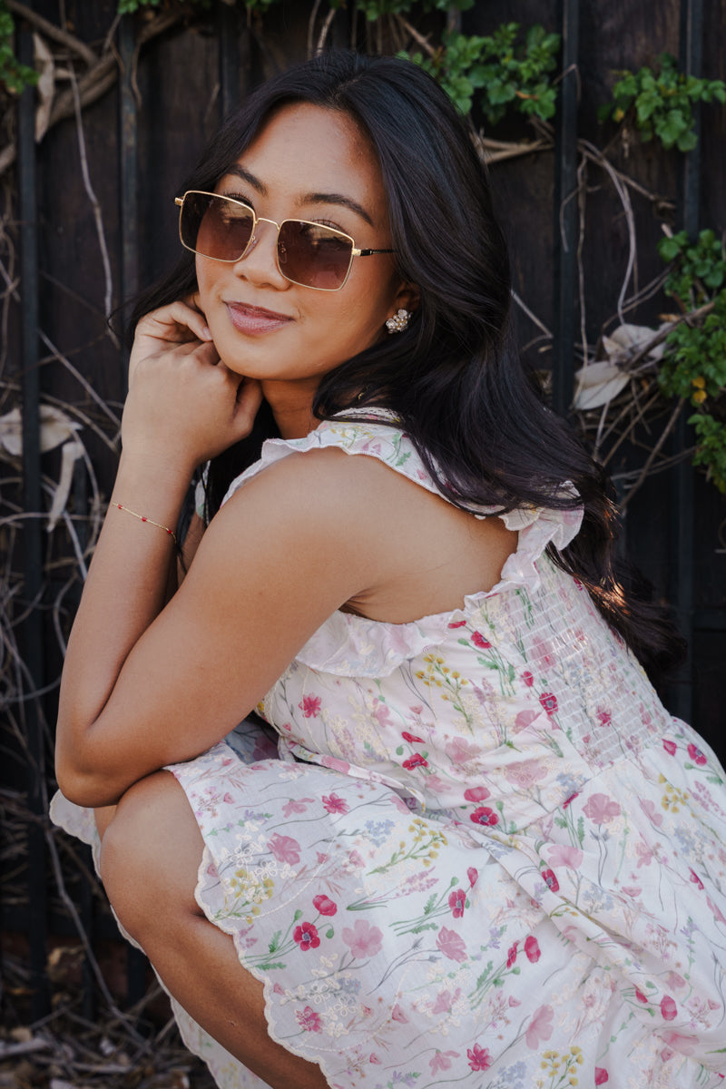 Aviva Flutter Sleeve Floral Print Mini Dress White