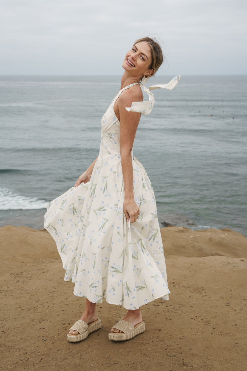 Adalyn Sleeveless Halter Floral Print Midi Dress Blue