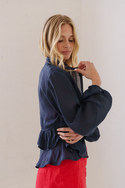 Stellan Long Sleeve Ruffle Tiered Jacket Navy
