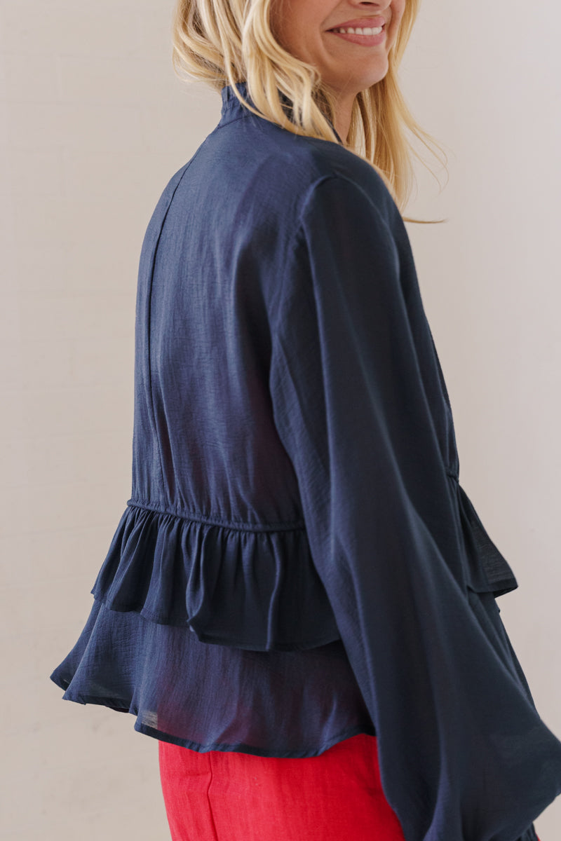 Stellan Long Sleeve Ruffle Tiered Jacket Navy