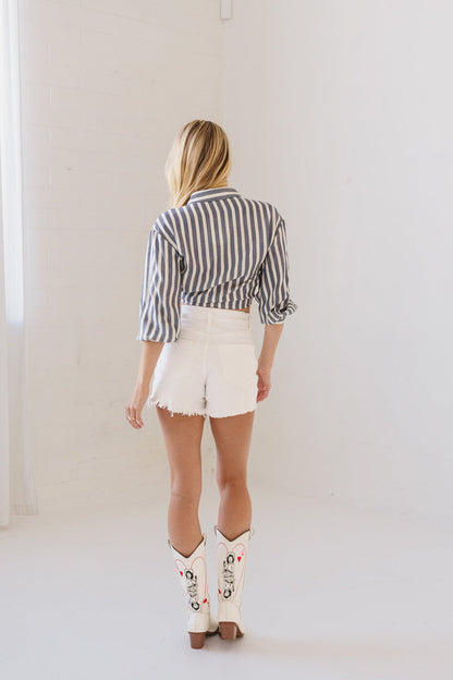 Avra High Rise Frayed Hem Denim Shorts White