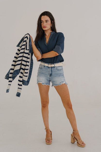 Lioran High Rise Frayed Hem Distressed Denim Shorts Light Wash
