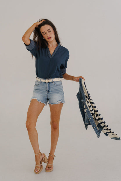 Lioran High Rise Frayed Hem Distressed Denim Shorts Light Wash
